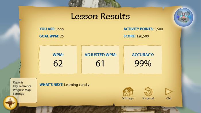 Lesson Results provide instant feedback on words per minute, adjusted words per minute, and accuracy.