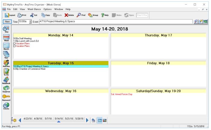 AnyTime Organizer 16 calendar weekly view.